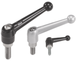 Clamping levers die-cast zinc, with external thread, black and silver, threaded insert stainless steel Clamping levers die-cast zinc, with external thread, black and silver, threaded insert stainless steel