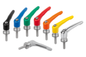 Clamping levers, die-cast zinc with external thread and clamping force intensifier, threaded insert stainless steel