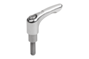 Clamping levers, stainless steel with external thread and long collar, threaded pin stainless steel