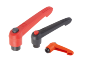 Clamping levers, plastic with internal thread and push button, threaded insert black oxidised steel