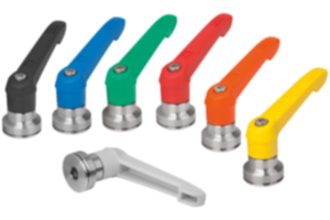 Clamping levers, plastic with internal thread and clamping force intensifier, threaded insert stainless steel