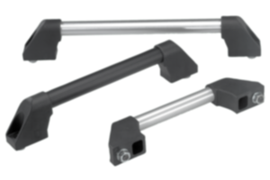 Puxadores tubulares de alumínio com cantos de fixação angulares de plástico e de corte oblíquo em ambos os lados